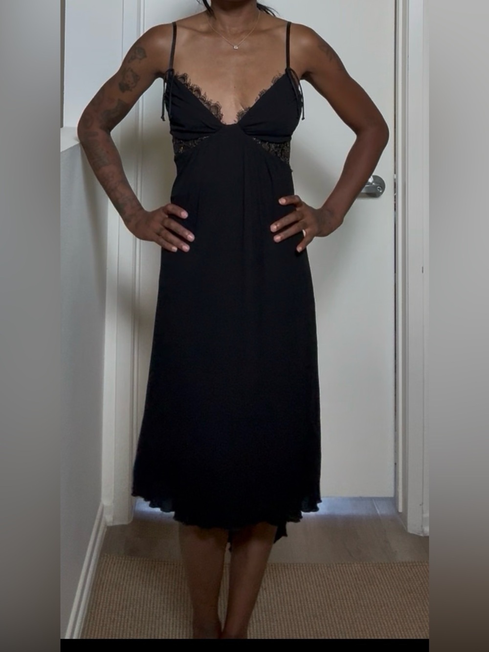 Black Lace-Trim Midi Slip Dress